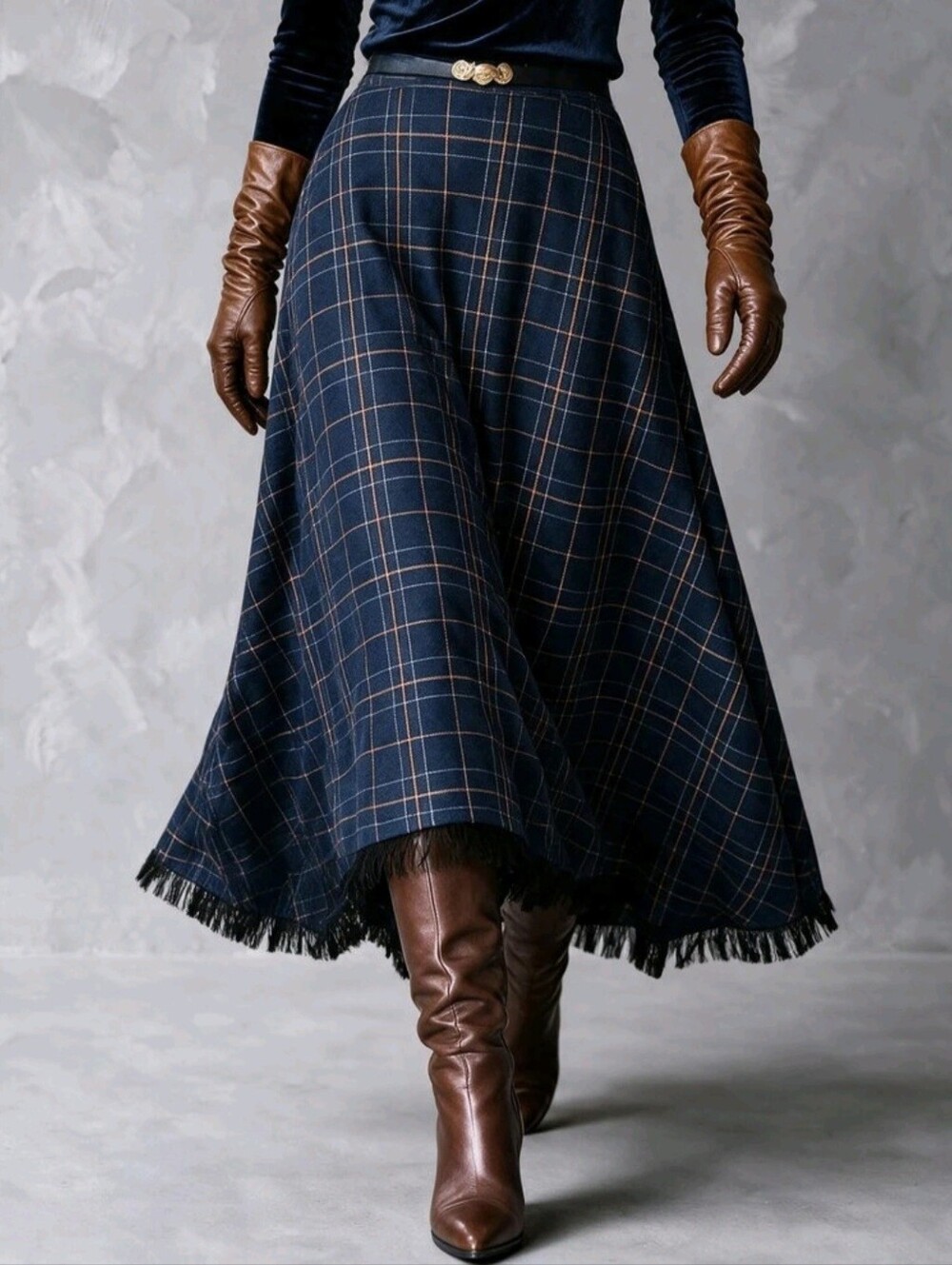 Navy Blue Plaid Asymmetrical Hem Skirt Autumn Outfit  Cowgirl Outfits For Women